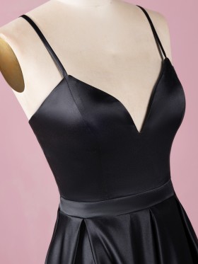 curved neckline with spaghetti straps black dress