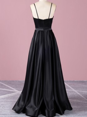 floor length sleek black satin prom dress