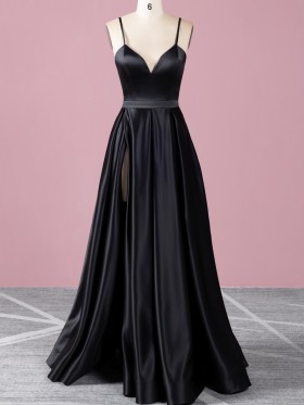 simple black satin thigh high slit floor length prom gown
