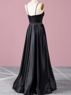 sleek black satin simple A line prom dress
