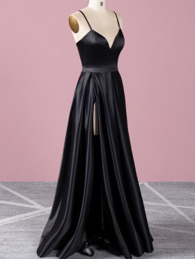 spaghetti strap V neck black satin split prom dress