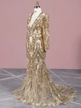 abstractly geometric pattern sequin long sleeve prom dress