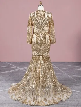 gold sequin long sleeve closed back prom dress