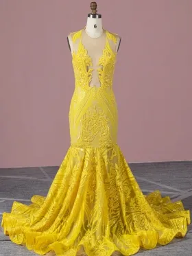 unique geometric pattern yellow sequin mermaid prom dress