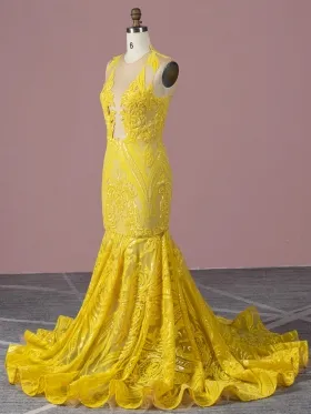 unique yellow sequin plunging neck mermaid prom dress