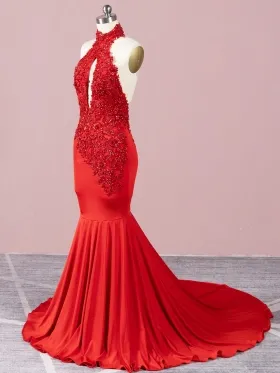 beaded lace high neck red mermaid prom dress
