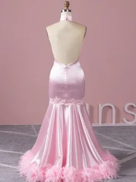 backless pink lace and satin prom dress with feather train