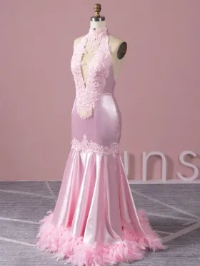 beaded lace halter high neck mermaid pink black girl prom dress beaded lace halter high neck mermaid pink black girl prom dress