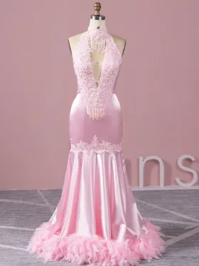 unique beaded pink lace and feather train black girl prom gown