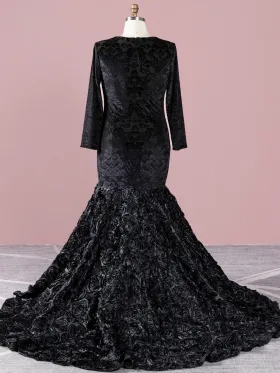 black floral velvet long sleeve 3d rosette mermaid prom dress