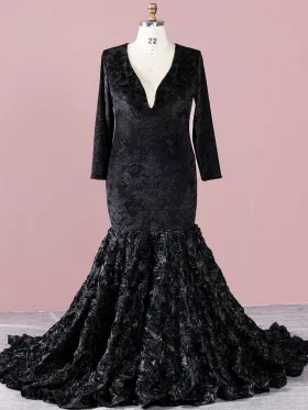 black floral velvet with 3d rosette long plus size prom dress