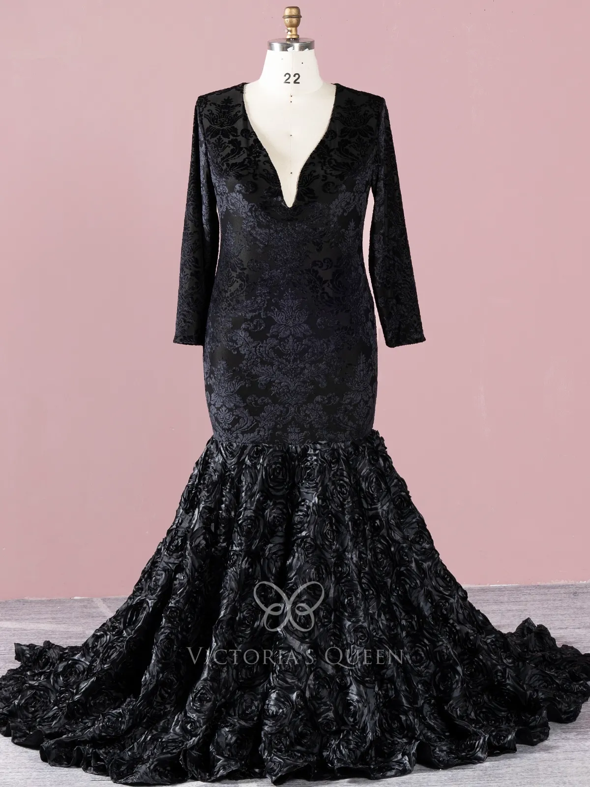 black floral velvet with 3d rosette long plus size prom dress