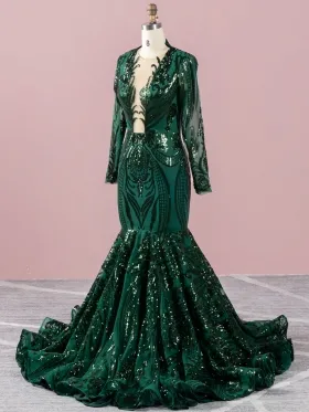 unique dark green sequin long sleeve mermaid prom dress unique dark green sequin long sleeve mermaid prom dress