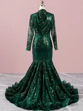 unique dark green sequin mermaid long sleeve prom dress