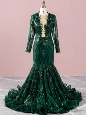 unique geometry pattern sequin long sleeve mermaid prom dress