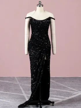 black sequin glitter off the shoulder slit sheath prom dress black sequin glitter off the shoulder slit sheath prom dress