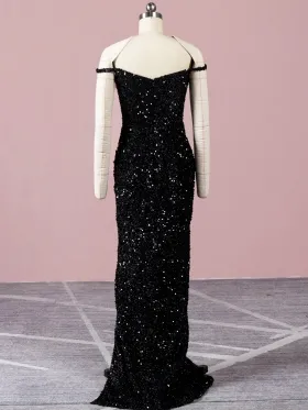 black sequin glitter sheath floor length dress
