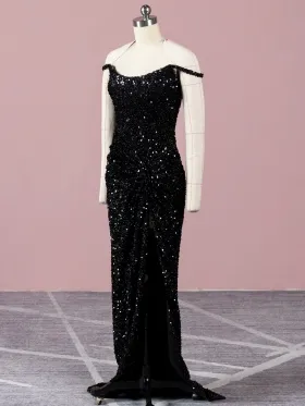 off the shoulder black glitter split long evening dress
