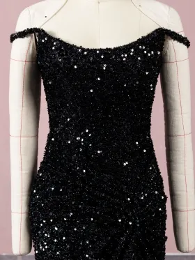 off the shoulder straps black sequin glitter dress