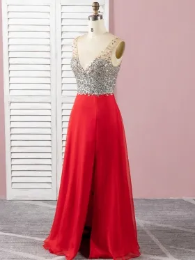 beaded V neck red chiffon A line prom dress