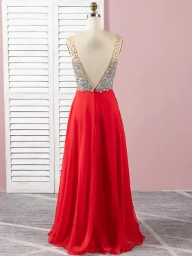 beaded low V back red chiffon long prom dress beaded low V back red chiffon long prom dress