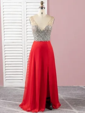diamond beaded chiffon V back A line long split prom dress diamond beaded chiffon V back A line long split prom dress