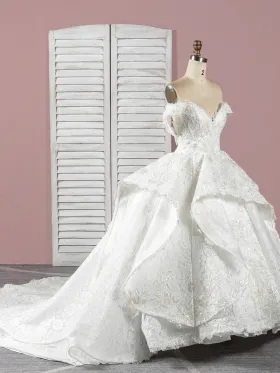 hale ruffled ivory lace weding gown