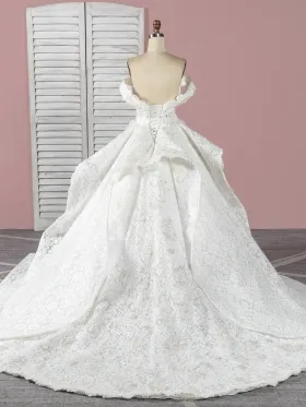 ivory lace long train ball gown wedding dress