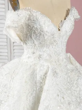 sequin beaded lace off the shoulder wedding gown