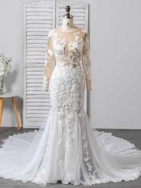 illusion lace mermaid long sleeve long train bridal dress