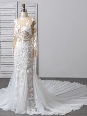 illusion white lace long sleeve mermaid long train wedding dress
