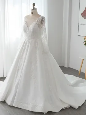 beaded lace illusion neckline and sleeve wedding gown
