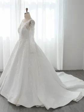 beaded lace long sleeve ivory satin wedding gown