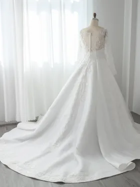 ivory lace and satin wedding gown with button back