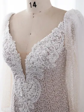 beaded lace plunging neck bridal gown