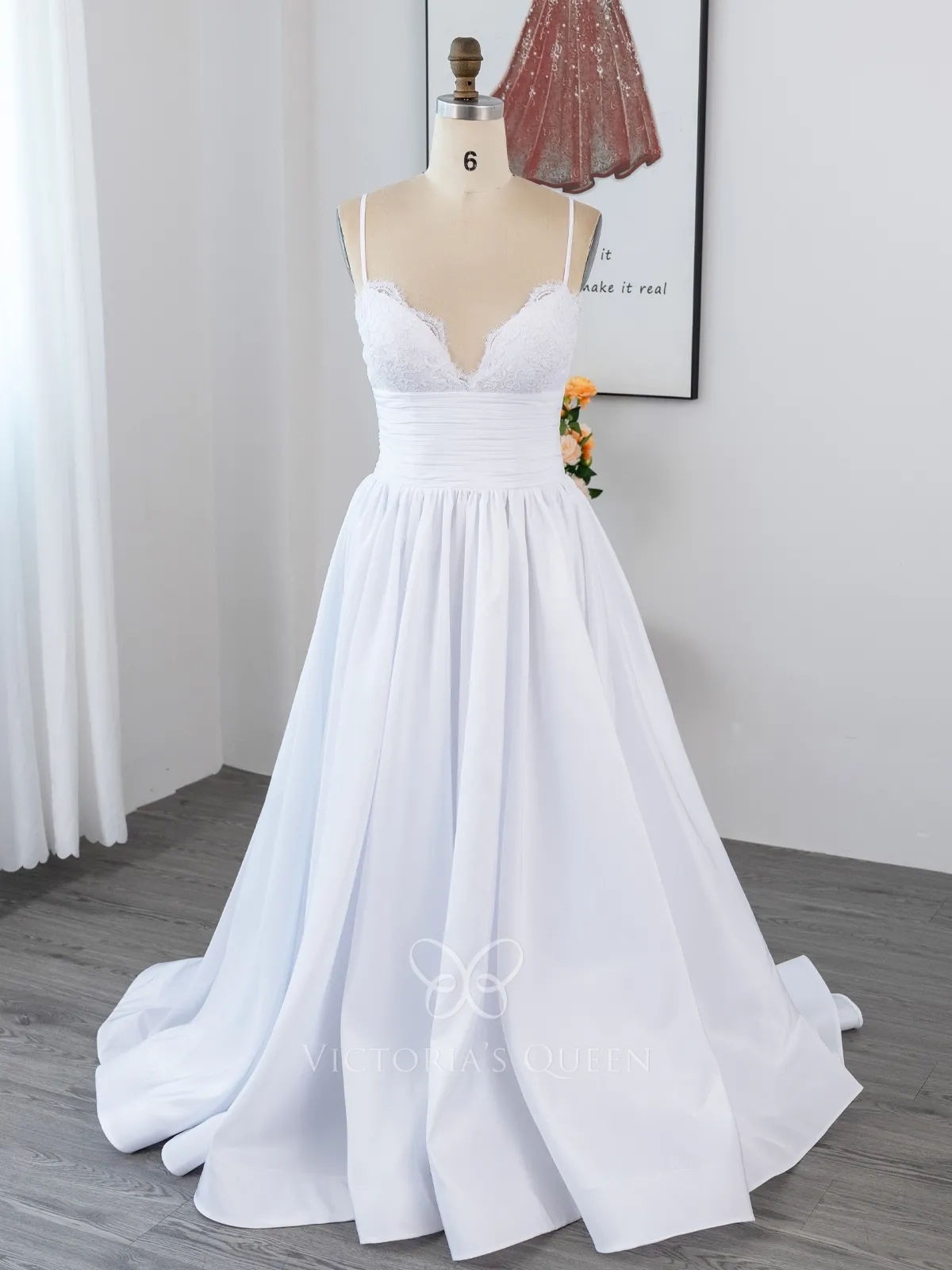 corset bodice V neck pure white lace and satin wedding gown