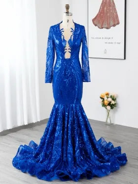royal blue geometry sequin plunging neck prom dress