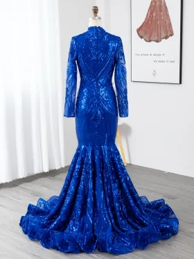 royal blue sequin closed back long sleeve mermaid prom dress