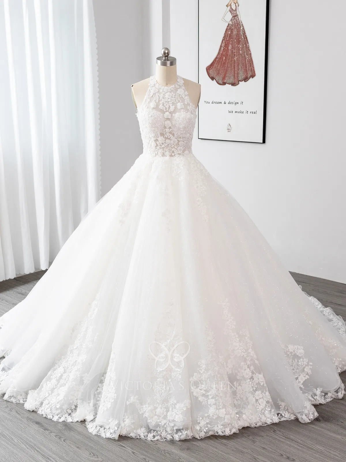 luxury beaded illusion lace halter ball gown wedding dress