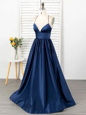 deep V neckline with spaghetti straps navy satin formal gown