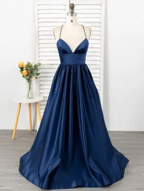 spaghetti strap deep V neck sleek satin puffy floor length gown spaghetti strap deep V neck sleek satin puffy floor length gown