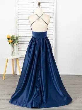 spaghetti strap low back sleek satin floor length gown