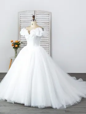 off shoulder ruffled organza wedding ball gown