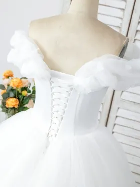 ruffled organza wedding gown with lace up back