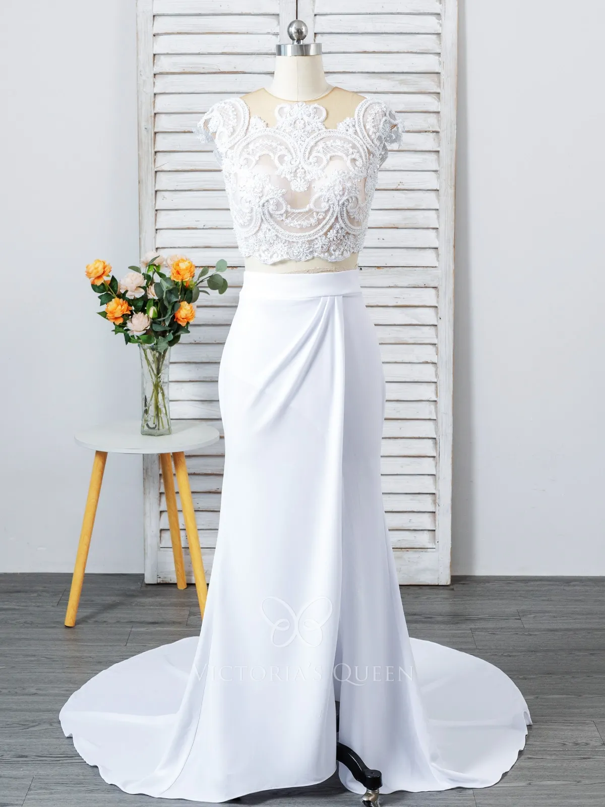 beaded unique lace cap sleeve white 2 piece split bridal dress