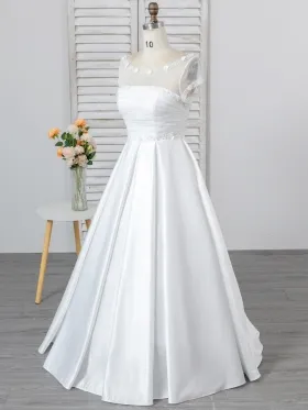 beaded scoop sheer neck and short sleeve satin wedding gown beaded scoop sheer neck and short sleeve satin wedding gown
