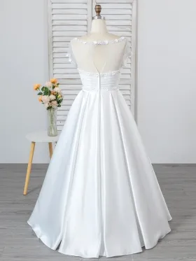 beaded short sleeve satin wedding gown