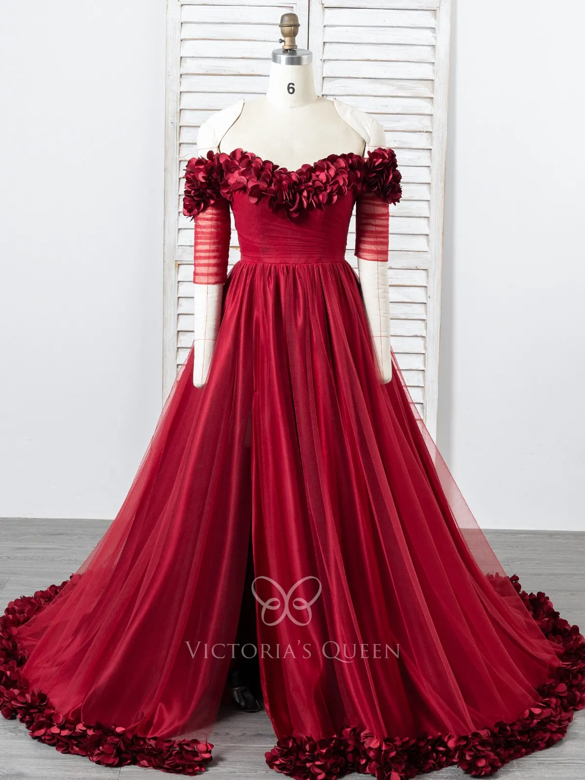 3D petal shoulder hemline wine tulle and satin prom dress