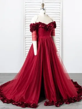 off the shoulder 3D petals wine formal dress