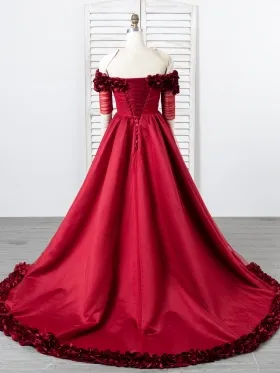 wine satin and tulle prom dress with 3D petal details